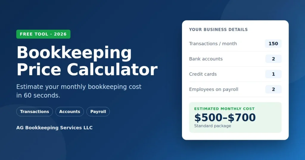 Bookkeeping price calculator showing an estimated monthly cost of $500–$700